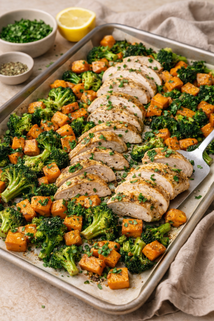 Chicken, Sweet Potato, & Broccoli Sheet Pan Dinner