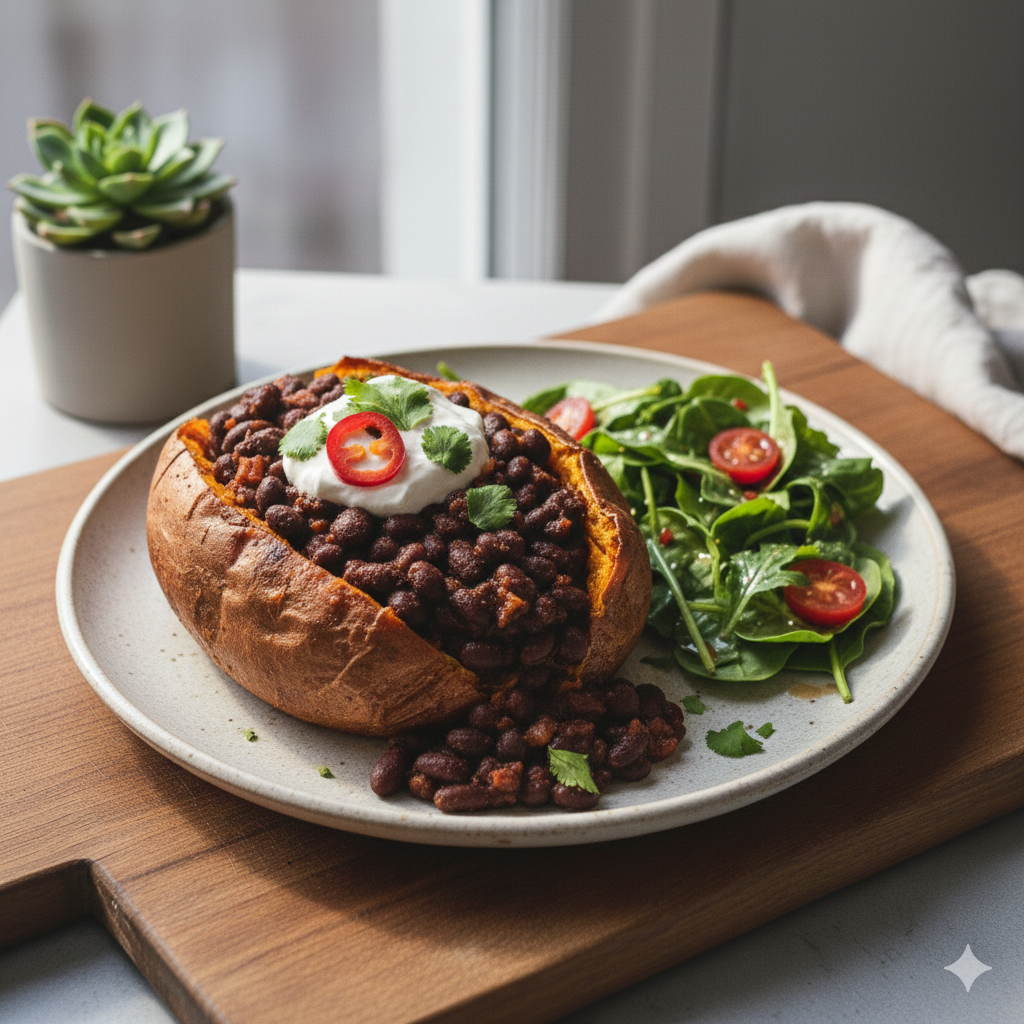Black Bean Chili Stuffed Sweet Potato