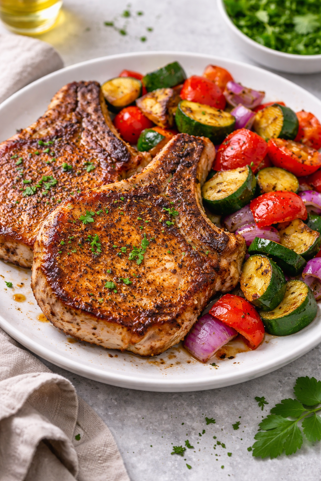 Air Fryer Pork Chops with Zucchini and Bell Peppers