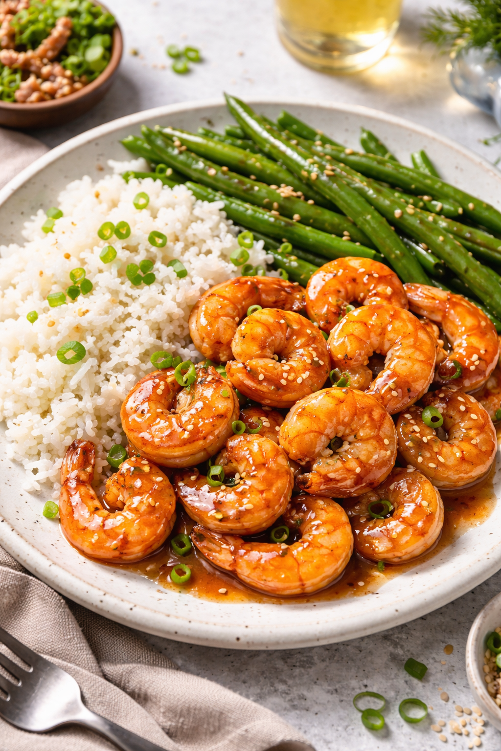Honey Garlic Glazed Shrimp, Rice and Green Beans